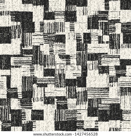 Monochrome Brushed Effect Patchwork Textured Background. Seamless Pattern. 