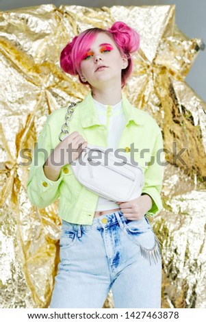 bag retro style woman with pink hair makeup woman