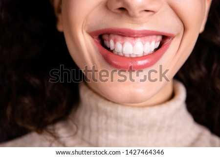 Cropped close up photo beautiful she her lady show perfect condition beaming smile plump pouted amazing lips stomatologist check examination wear casual pastel pullover isolated grey background
