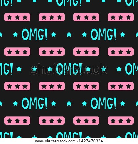 Seamless pattern with stars and text Omg! Black, blue, pink. Vector illustration.