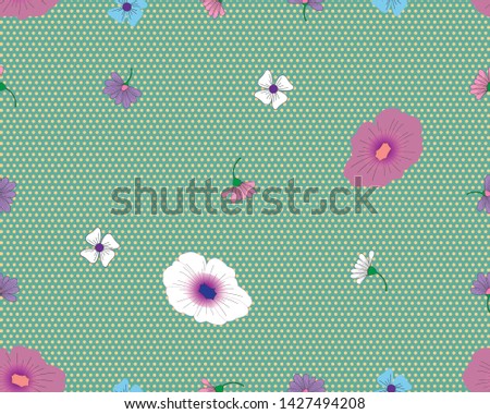 Vector seamless pattern. Pretty pattern in small multicolored flower. Small flowers and dots on background. floral background with bouquets of flowers.