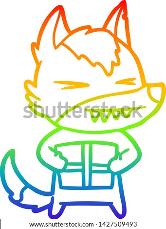 rainbow gradient line drawing of a angry christmas wolf cartoon