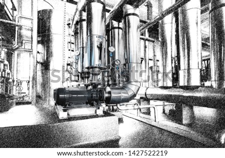 Boiler room with steam supply pump, pipelines and pressure gauges installed. Ink filter image mixed with photo