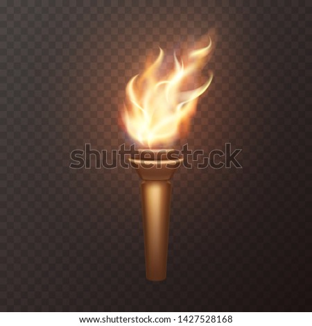 Torch flame isolated on transparent background. 3d medieval light icon. Vector wooden torch with burning fire element design.
