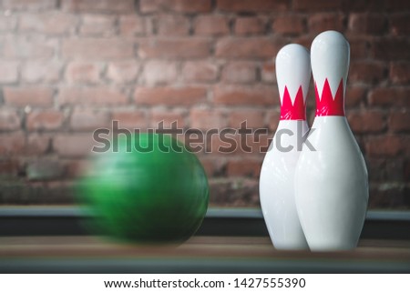 bowling alley. ball and pins.  