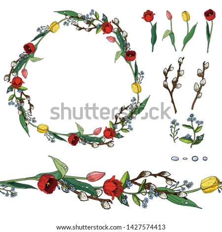 Set with tulips, willow branches and forget-me-nots. Round frame, endless horizontal border and elements on white background. For season greeting cards, posters, advertisement. Raster copy