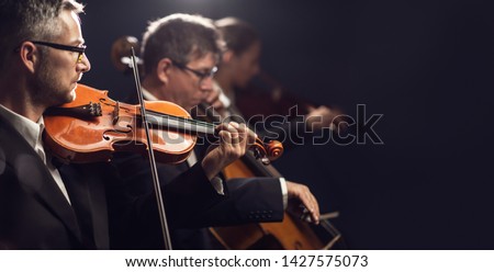 Professional symphonic orchestra performing on stage and playing a classical music concert, violinist playing in the foreground, arts and entertainment concept Royalty-Free Stock Photo #1427575073