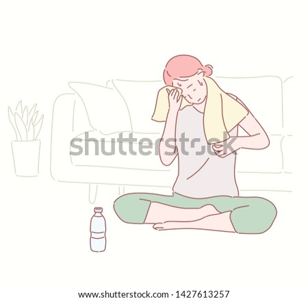 Young beautiful woman suffers from heat stroke, sunstroke, high temperature, sweating, feels dizzy and puts wet towel to her head. Hand drawn style vector design illustrations.