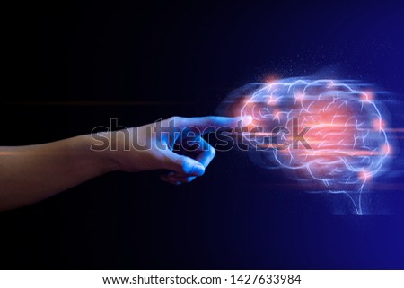 touch on system hologram ai cell brain, system of social network data, finger push on global futuristic of robotic, deep learning