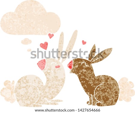 cartoon rabbits in love with thought bubble in grunge distressed retro textured style