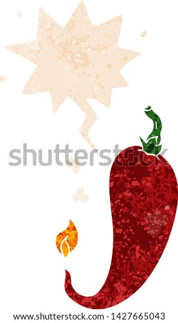 cartoon chili pepper with speech bubble in grunge distressed retro textured style