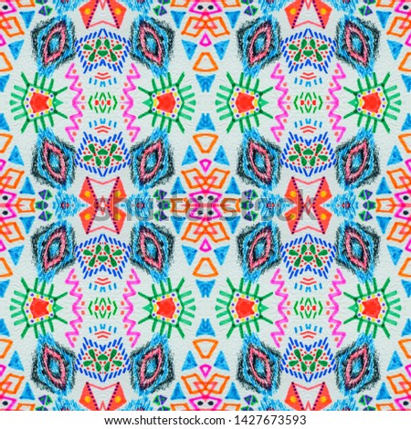 Aztec pattern. Seamless african print. Mexican design. Indian motif. Folk patchwork. Traditional drawing. Tribal print. Fabric design. White, blue, green, pink, purple aztec pattern.