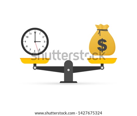 Time is money on scales icon. Money and time balance on scale. Vector stock illustration. Royalty-Free Stock Photo #1427675324