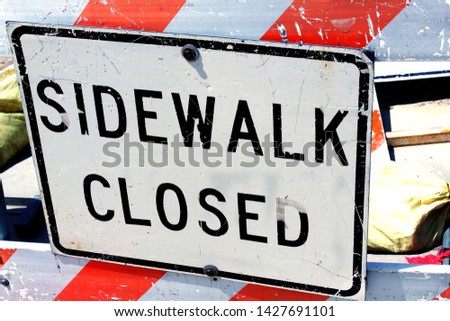 Creative editorial illustrations of a public construction sign, sidewalk closed, in the center of the image, yet on a angle.