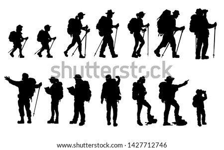 Silhouettes of travelers with backpacks set. hiking, trekking, backpacking.
 Royalty-Free Stock Photo #1427712746