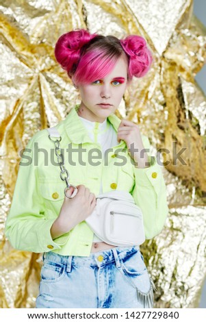 stylish woman serious with bag retro fashion pink hair