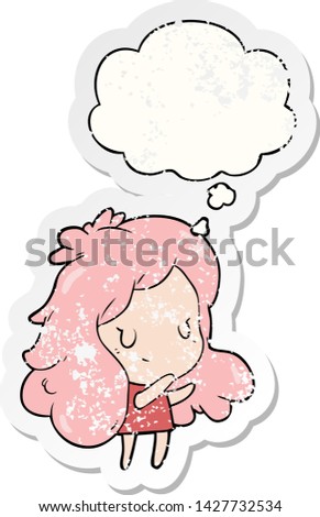 cartoon girl with thought bubble as a distressed worn sticker