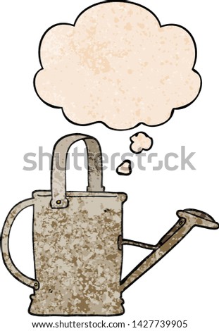 cartoon watering can with thought bubble in grunge texture style