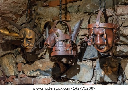  Torture iron masks. The inquisition tools. Royalty-Free Stock Photo #1427752889