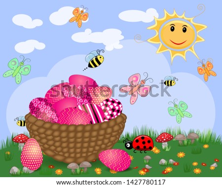 Easter background with decorated Easter eggs and Easter eggs in basket in sunny field