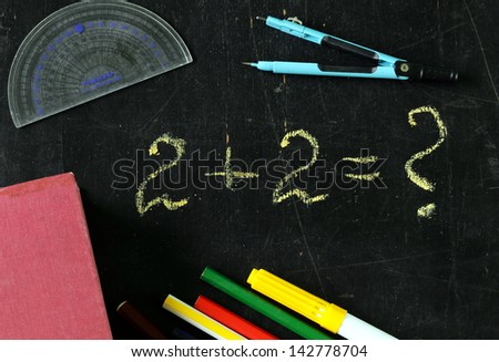 stationery (pen, pencil, ruler, compass) and a book on black school board background