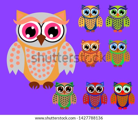 Cute multicolored cartoon owls for children, different designs