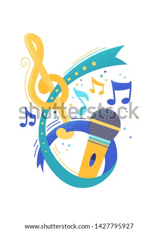 Retro microphone and music notes flat vector illustration. Song contest, vocal show. Singer, artist performance. Voice recording app, broadcasting studio logo. Professional retro mic, melody, tune