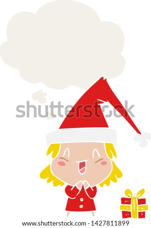 cartoon girl wearing christmas hat with thought bubble in retro style