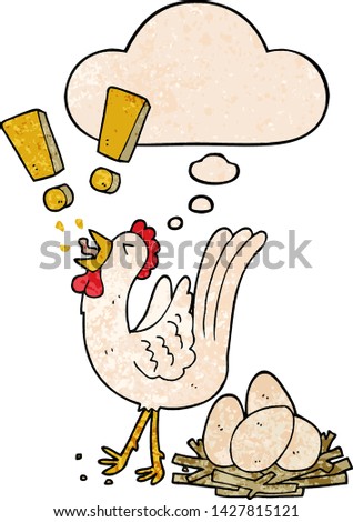 cartoon chicken laying egg with thought bubble in grunge texture style