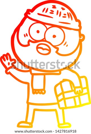 warm gradient line drawing of a cartoon bearded man with present