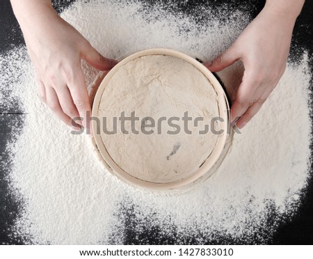 women's hands hold a round wooden sieve and sift white wheat flour, top view