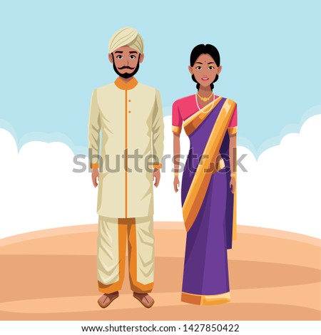indian couple wearing traditional hindu clothes man with beard and turban and woman wearing sari and jewelry profile picture