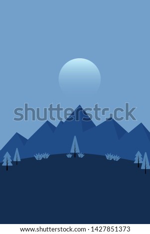 Blue nature backdrop. mountain and tree with moon on sky. Vector landscpae.