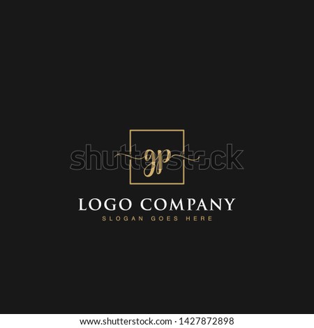 Initials signature letters GP linked inside minimalist luxurious square line box vector logo gold color designs for brand, identity, invitations, hotel, boutique, jewelry, photography or company signs
