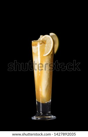 frozen lemon on the black background with ice and a slice of lemon near the glass
