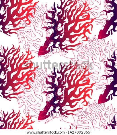 Rhythmic colored seamless pattern with sea reef corals on white background. Vector gradient flat illustration for printing, fabric, textile, manufacturing, wallpapers, wrapping paper.