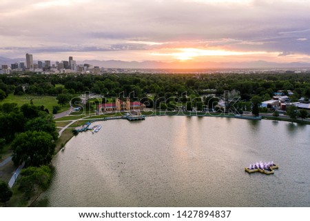 Aerial drone photo - Skyline of Denver, Colorado at sunset from City Park	

