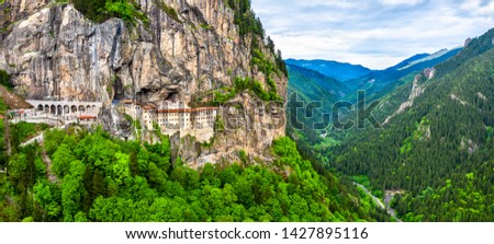 Panorama of Sumela Monastery at Mela Mountain in Turkey Royalty-Free Stock Photo #1427895116