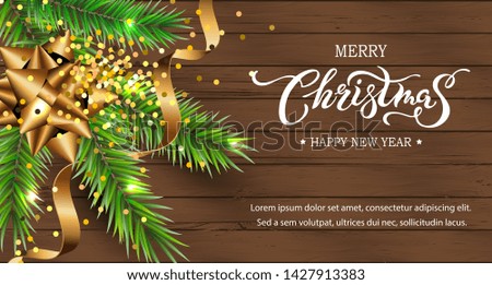 Merry Christmas and Happy New Year card. Festive background with christmas tree, confetti on dark wood textured background. Place for text. Handwriting lettering Merry Christmas. Vector illustration