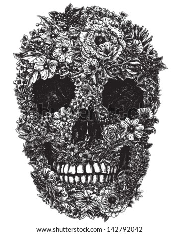 Hand Drawn Skull Made of Flowers