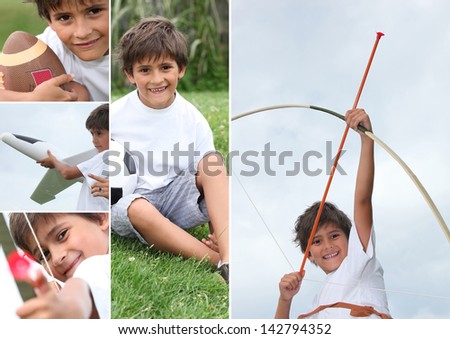 Montage of little boy with bow and arrow Royalty-Free Stock Photo #142794352