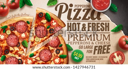 Pepperoni pizza ads with delicious ingredients on kraft paper background in 3d illustration