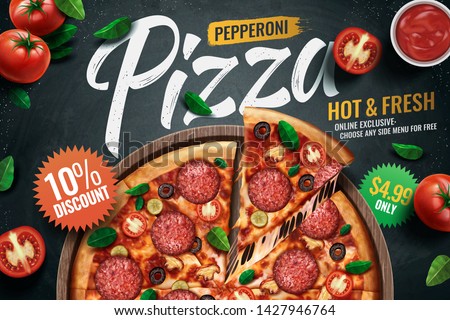 Pepperoni pizza ads with delicious ingredients on chalkboard background in 3d illustration Royalty-Free Stock Photo #1427946764