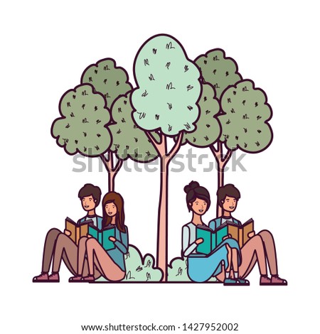 group of people sitting with book in landscape