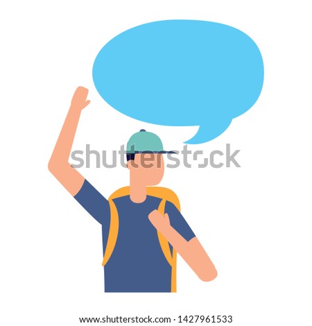 man with backpack talk bubble vector illustration