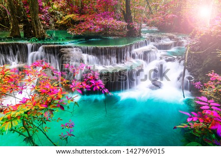 amazing of huay mae kamin waterfall in colorful autumn forest at Kanchanaburi, thailand Royalty-Free Stock Photo #1427969015