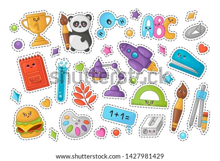 Set of stickers with kawaii school supplies, back to school or learning concept, cute cartoon characters - panda, rocket, schoolbook, hamburger, alphabet. Flat illustration of education