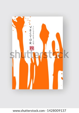 Orange ink brush stroke on white background. Japanese style. Vector illustration of grunge stains