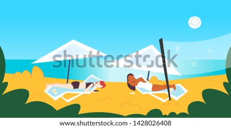 couple bikini woman sunbathing girls in swimsuit lying on sun lounger under umbrella summer vacation concept sea beach seaside background female characters full length flat horizontal