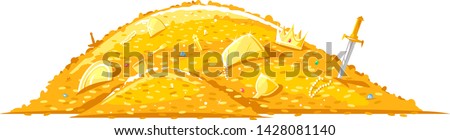 Pile of gold coins and different treasures, big bright treasure of gold coins illustration on white background, wealth concept Royalty-Free Stock Photo #1428081140
